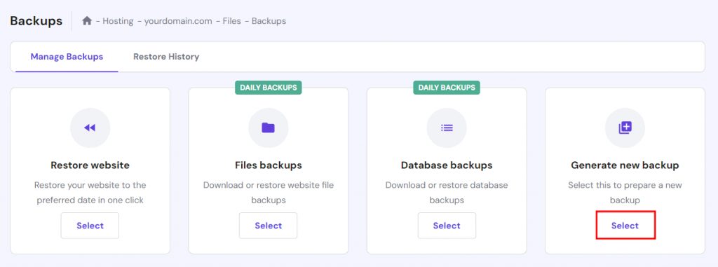 The Backups section in Hostinger's control panel with the option to generate new backup highlighted in red