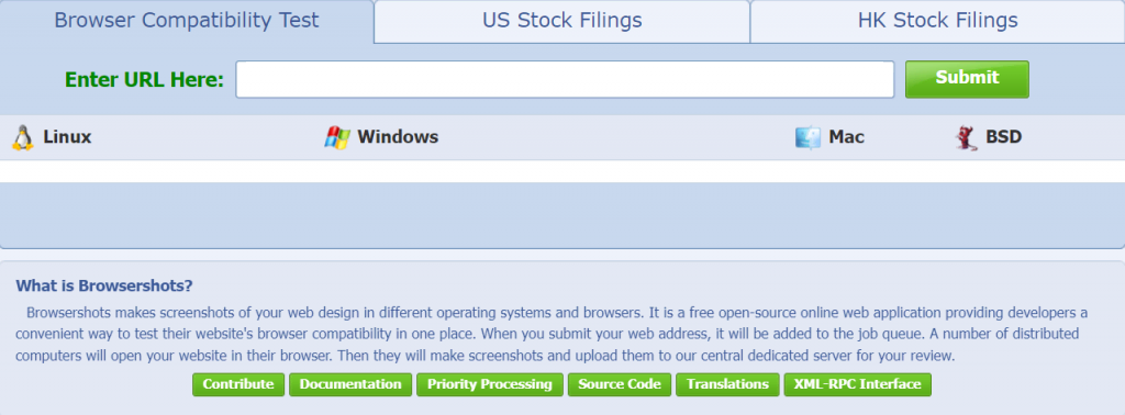 The Browsershots' interface with a URL bar to submit and check our sites' compatibility