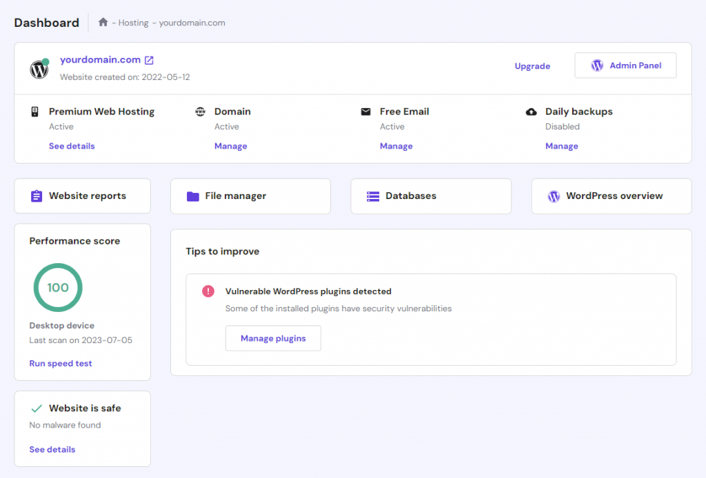 The Dashboard section in Hostinger's website management panel