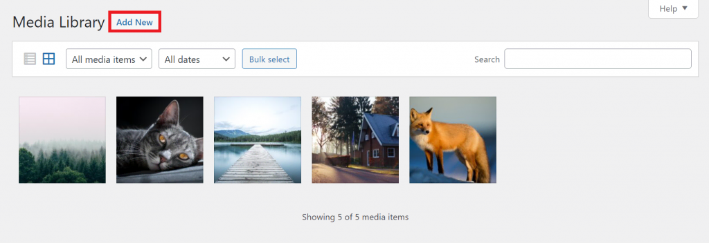 The Media Library screen highlighting the Add New button