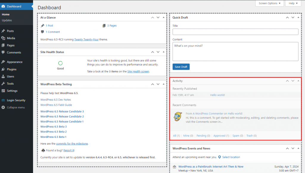 The WordPress admin dashboard highlighting the activity tab