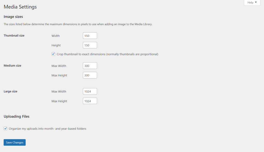 The WordPress Media Settings screen