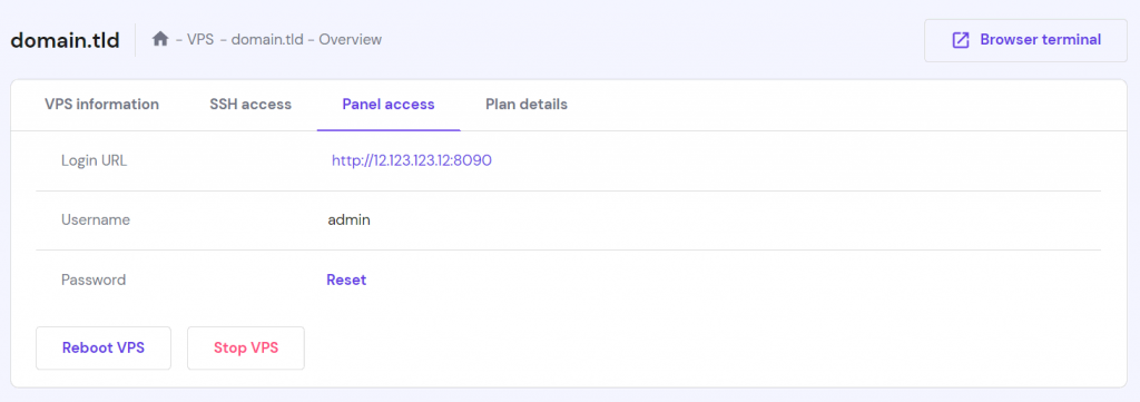 VPS control panel login URL location in hPanel