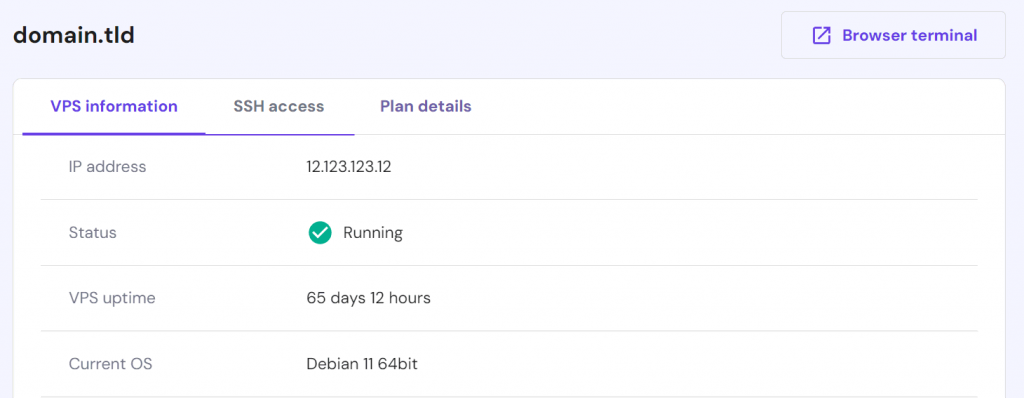 VPS IP address location in hPanel server overview section