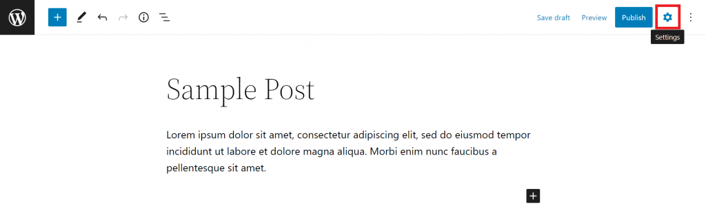 WordPress block editor highlighting the block settings panel button