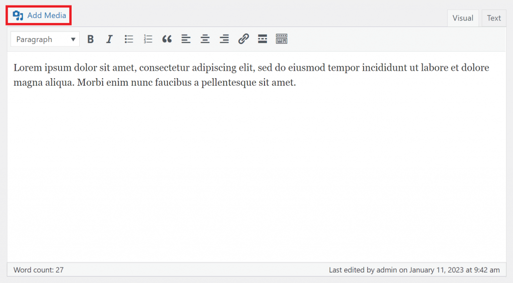 WordPress classic visual editor highlighting the Add Media button