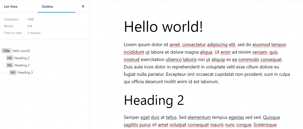 The outline view on WordPress Gutenberg editor