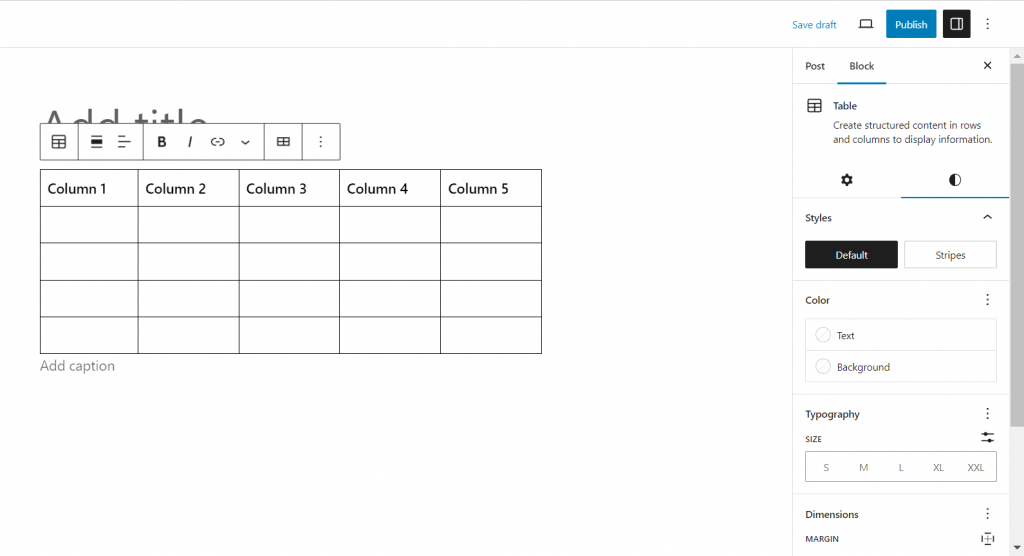 The table block settings on WordPress Gutenberg