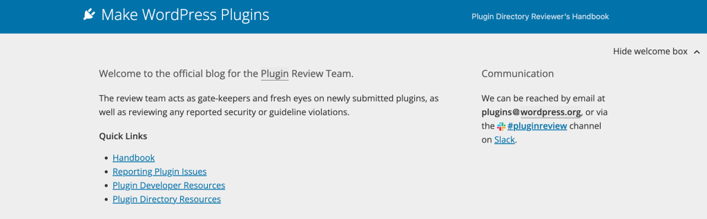 The homepage of WordPress' Plugins Team official blog